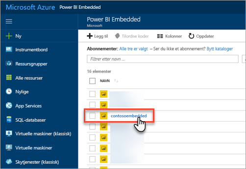 Screenshot of the Azure portal, which shows the list of Power BI Embedded capacities.