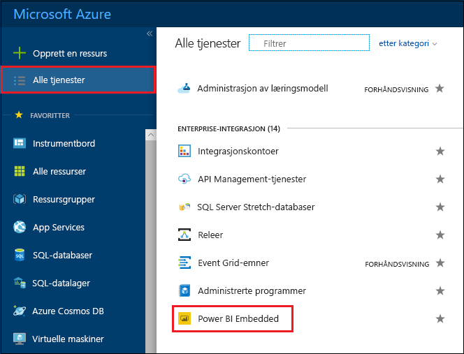 Screenshot of the Azure portal, which shows the Azure services list.