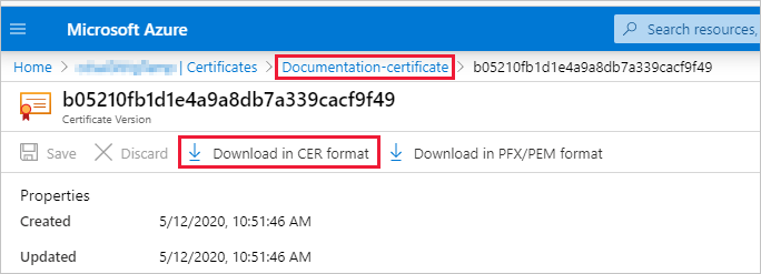 Skjermbilde av Azure-portalvinduet, som viser den uthevede Knappen Last ned i CER-format.