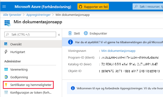 Skjermbilde av oversiktssiden for den nye appen. Sertifikater og hemmeligheter er uthevet i navigasjonsruten.