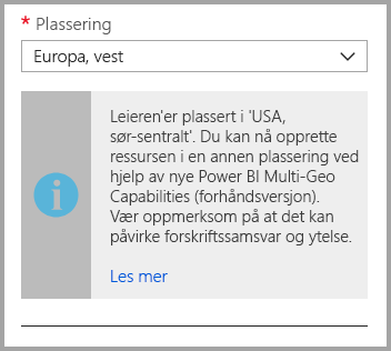 Screenshot of the Azure portal capacity creation screen, which shows the capacity's location is different than the default tenant location.