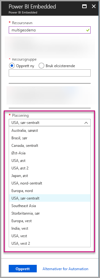 Screenshot of the Azure portal capacity creation screen, which shows the highlighted location drop-down menu.