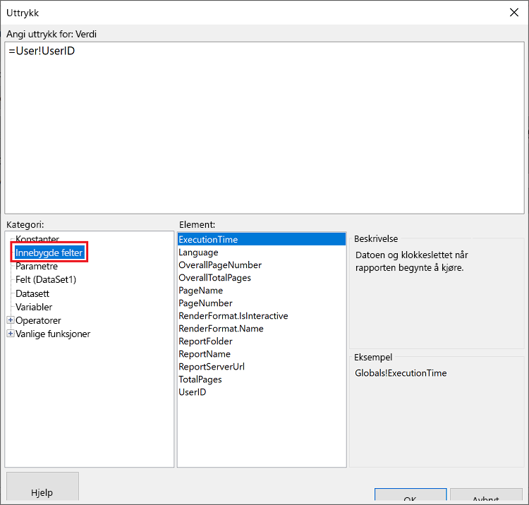 Skjermbilde som viser Uttrykk-vinduet med innebygde felt valgt som Kategori og Kjøringstid valgt som element.