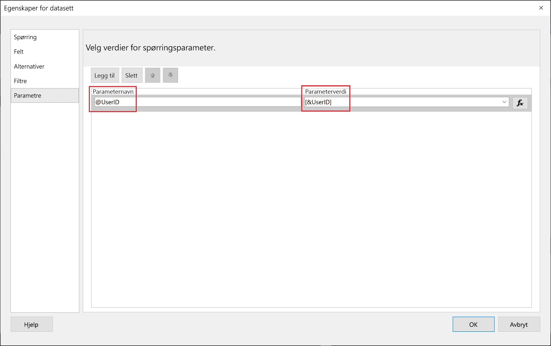 Parameternavn for Power BI Report Builder