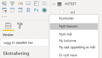 Skjermbilde som viser Power B I Desktop med Nytt hierarki valgt i en kontekstmeny.