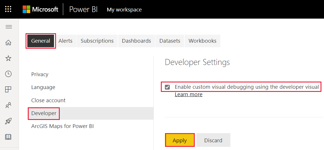 Skjermbilde av aktiver utviklermodus, i Power BI-innstillingene, fanen Utviklerinnstillinger.