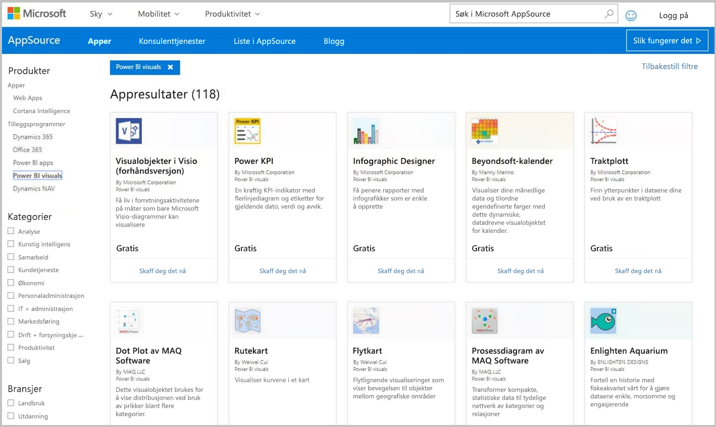 Skjermbilde av Power B I-visualobjekter i AppSource.