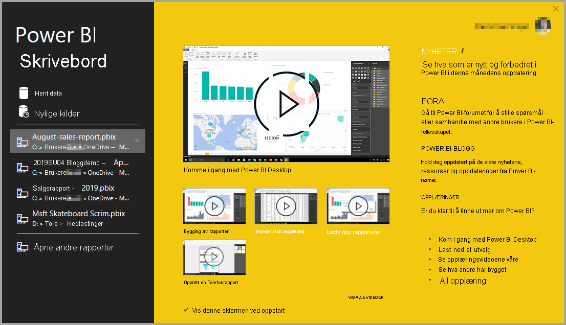 Skjermbilde av Power BI Desktop-installasjonen som viser velkomstskjermen.