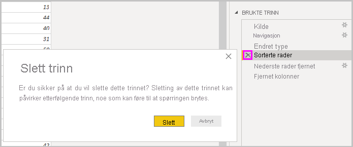 Skjermbilde av Power B I Desktop som viser dialogboksen Slett trinn.