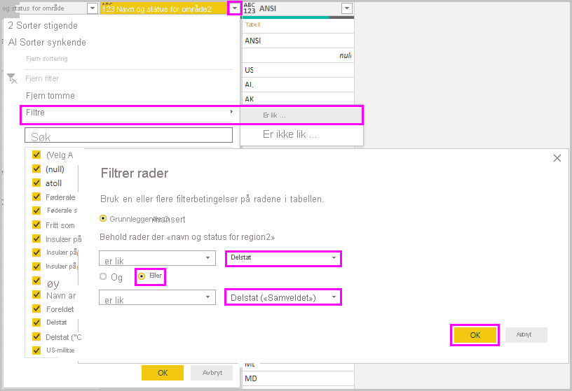 Skjermbilde av Power B I Desktop som viser spørringsboksen filtreringsrader i Power Query-redigering.