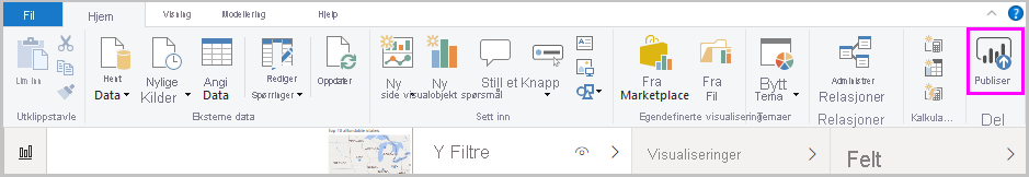 Skjermbilde av Power B I Desktop som viser alternativet Publiser.