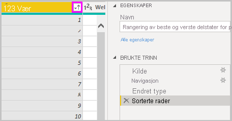 Skjermbilde av Power B I Desktop som viser sorterte rader som vises i brukte trinn.