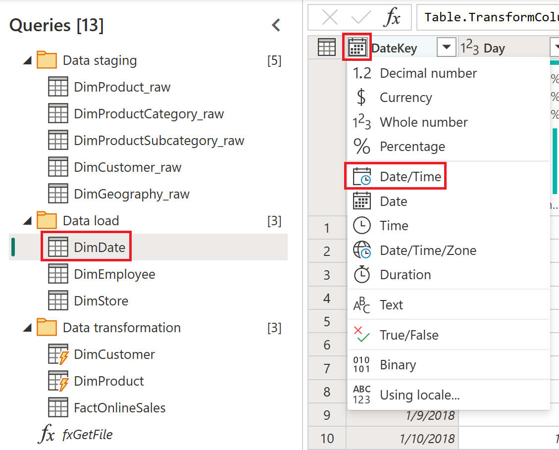 Skjermbilde av endring av datatyper i redigeringsprogrammet for Power Query.