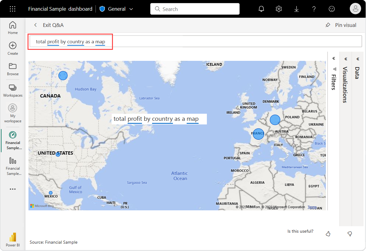 Skjermbilde av Q&A-kartvisualiseringen av økonomiske eksempeldata for total fortjeneste etter land og område.