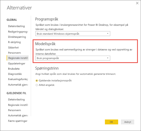 Skjermbilde av Power BI Desktop som viser hvordan du angir modellspråket.