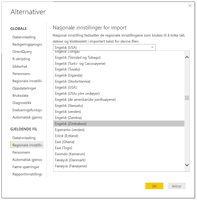 Skjermbilde av Power BI Desktop som viser dialogboksen Alternativer.