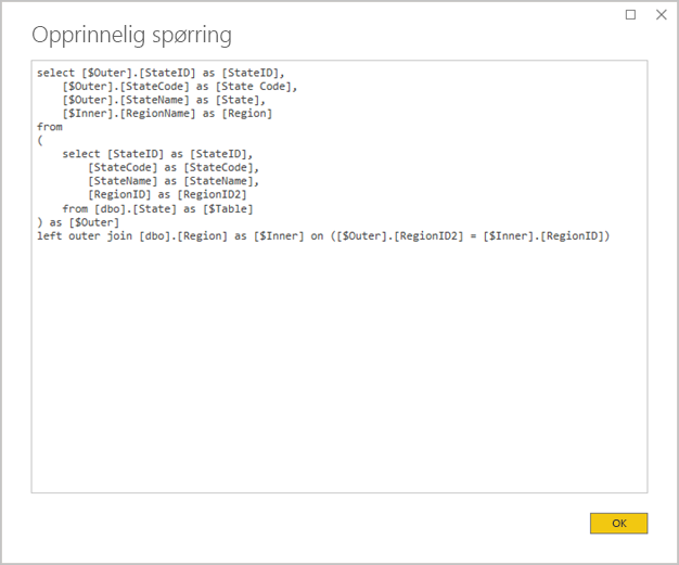 skjermbilde som viser Power BI Desktop og det opprinnelige spørringsvinduet. En spørringssetning føyer sammen to kildetabeller.