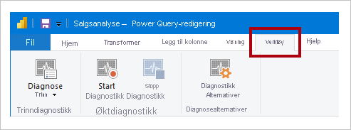 Skjermbilde som viser båndfanen Verktøy for Redigeringsprogram for Power Query som viser kommandoen Diagnosetrinn, kommandoen Start diagnose og kommandoen Stopp diagnose.