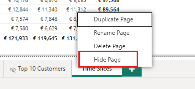 Screenshot shows the tabs in a Power BI report with all but one tab hidden.