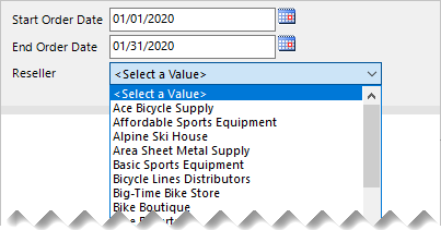 Skjermbilde av sideformaterte rapportparametere i Power BI som viser tre rapportparametere: Start ordredato, sluttordredato og forhandler.