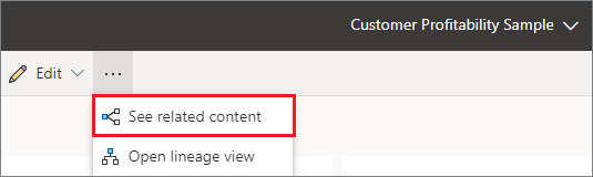 Skjermbilde av Power Bi-tjeneste, utheving av flere alternativer-ikonet og alternativet Se relatert innhold.