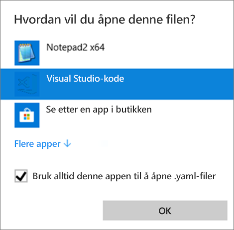 Screenshot of the dialog that shows a list of programs to open the file. Visual Studio Code and Always are highlighted.
