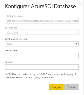 Skjermbilde av dialogboksen for å konfigurere Azure SQL Database.