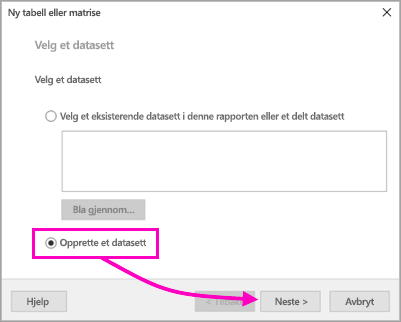 Skjermbilde som viser hvor du finner alternativet Opprett et datasett.