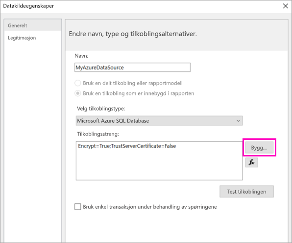 Skjermbilde som viser hvor du velger bygg-alternativet i datakildeegenskaper.