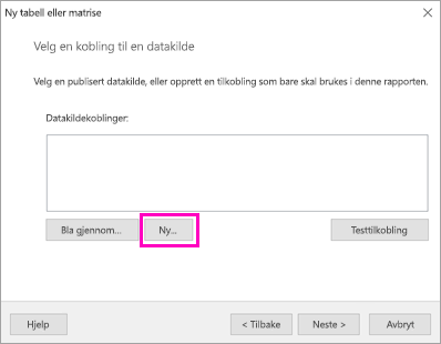 Skjermbilde som viser hvor du velger Ny for en datakildetilkobling.