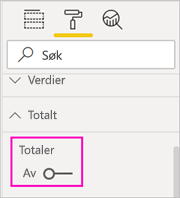 Skjermbilde av Totaler vekslet til av-posisjon i Format-ruten.