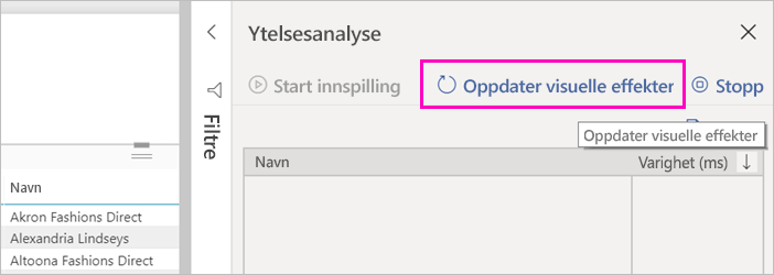 Skjermbilde av Oppdater visualobjekter-knappen i Ytelsesanalyse.