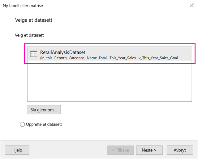 Skjermbilde av valgene for datasett i tabellveiviseren.