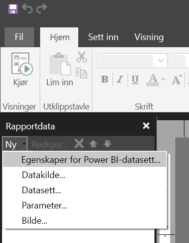 Skjermbilde av nytt datasett i rapportdataruten.