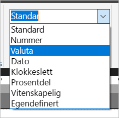 Skjermbilde av alternativer for tallformat.