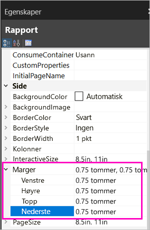 Skjermbilde av egenskapene for sidemarg.