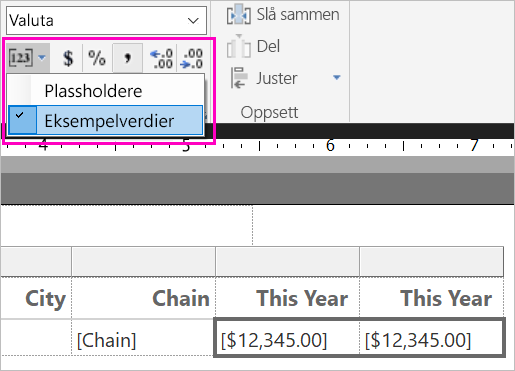 Skjermbilde av eksempelverdier for formatering.