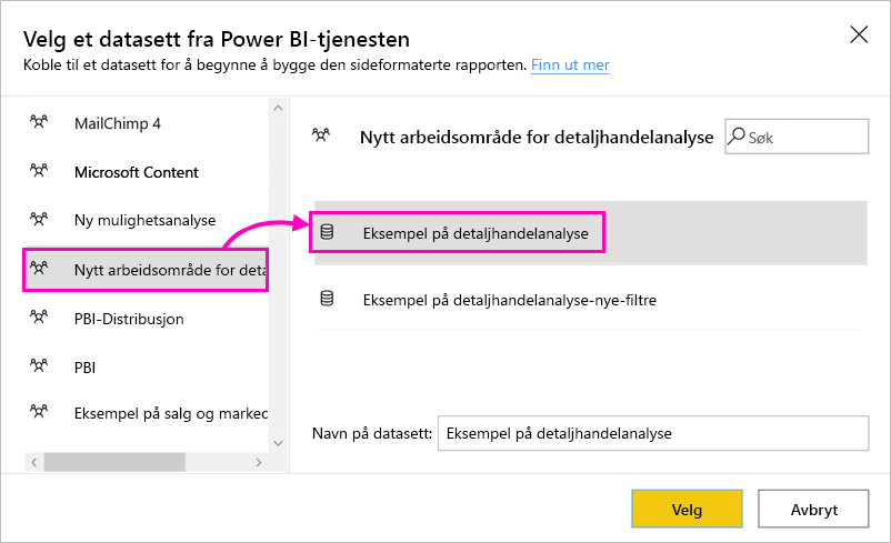 Skjermbilde som viser datasett å velge mellom.