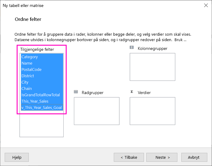 Skjermbilde av de tilgjengelige feltene som er tilgjengelige i tabellveiviseren.