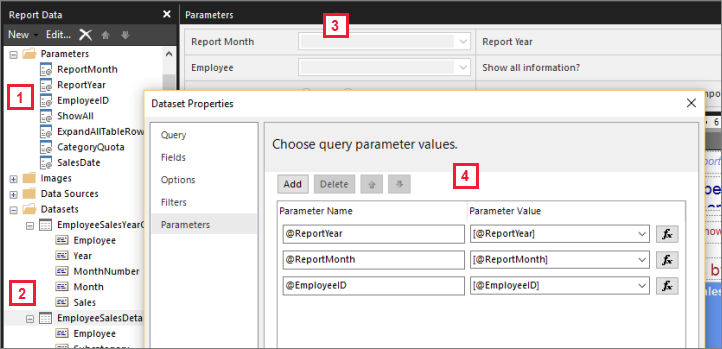 Skjermbilde av egenskapene for Report Builder-parameterdatasett.