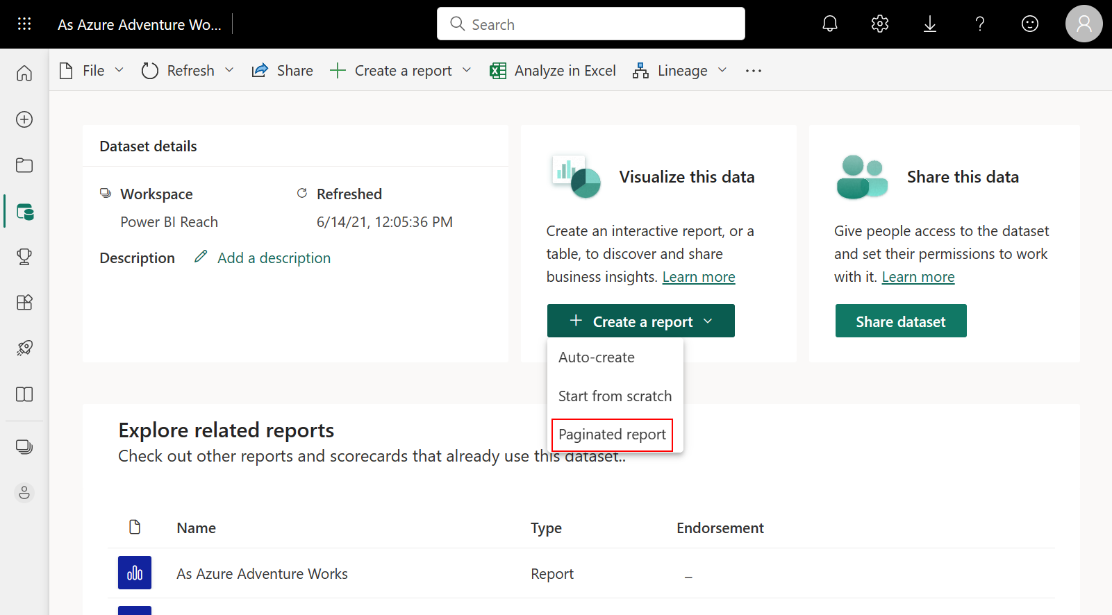 Skjermbilde av paginert rapport på datasettdetaljersiden.