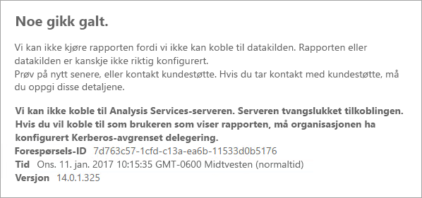 Skjermbilde av Power B I-rapporter som viser feilmelding relatert til problemer som kobles til Analysis Services-serveren.