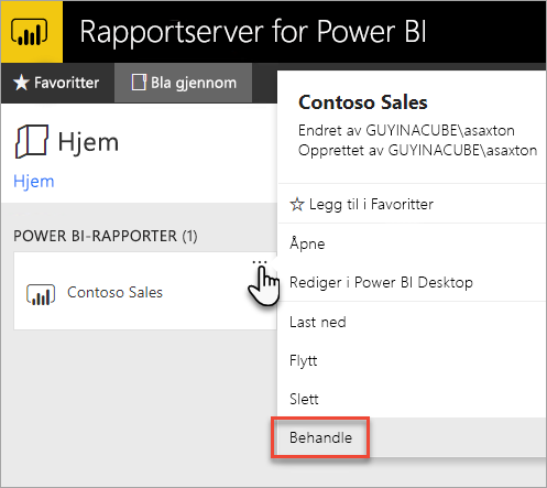 Select Manage from the Power BI report context menu