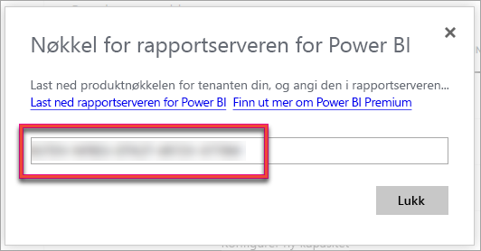 Skjermbilde av rapportserver for Power BI produktnøkkel.