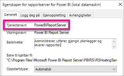 Egenskaper for Windows-tjeneste for rapportserver