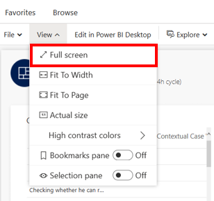 Skjermbilde som viser fullskjermvisning av en Power BI-rapport.