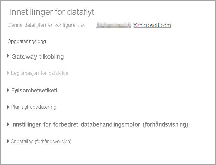 Skjermbilde av Innstillinger-siden for en dataflyt etter at du har valgt Innstillinger i rullegardinlisten for dataflyten.