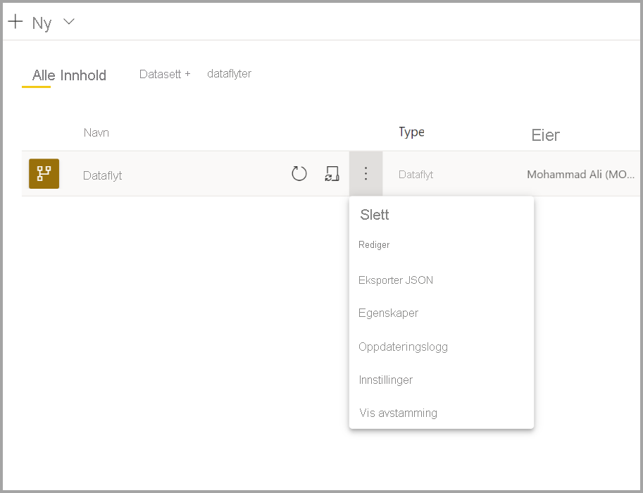 Skjermbilde av rullegardininnstillingene for en Power BI-dataflyt.