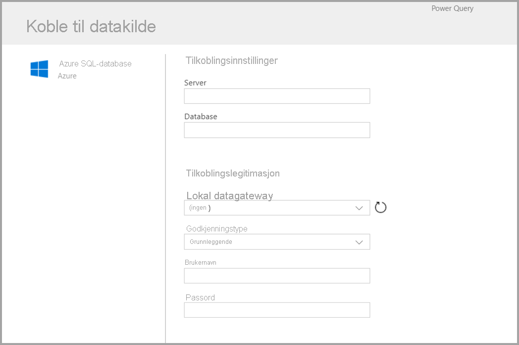 Skjermbilde av skjemaet som vises etter at du har valgt Azure SQL som en kobling.