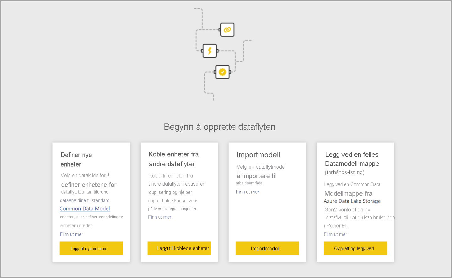 Skjermbilde av alternativer for å opprette en dataflyt.